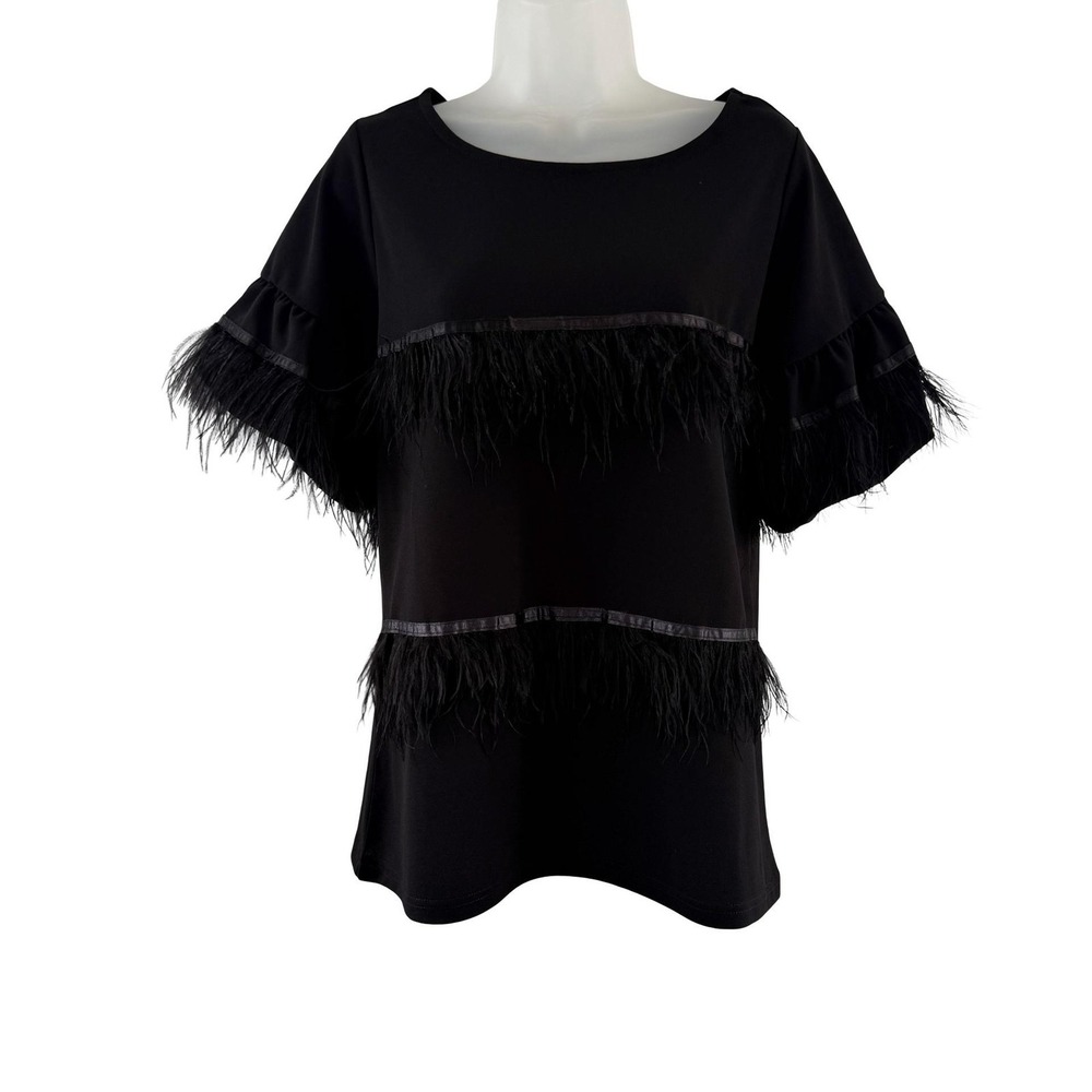 Ashley Stewart Blouse Womens 10/12 Black Feather Fringe Bell Sleeve Mob Wife NWT